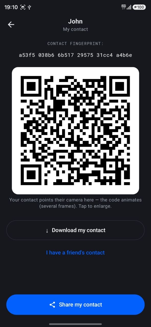 My contact screen with QR and share