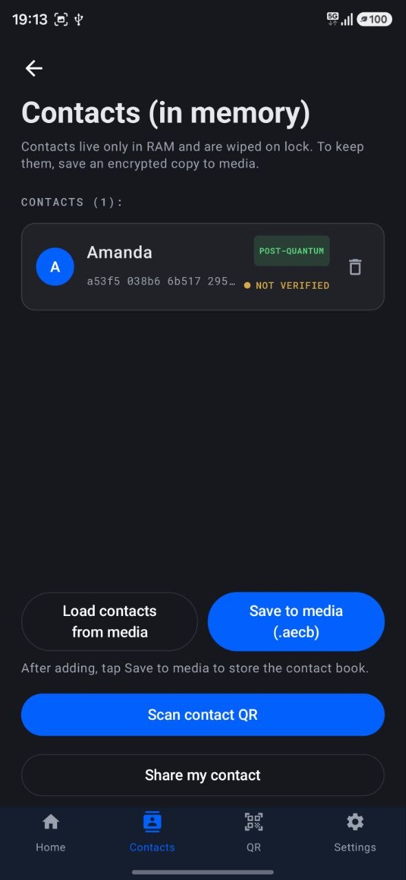 Contact saved in the in memory list